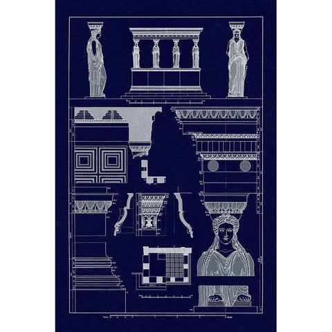Porch of Caryatids, Polychrome (Blueprint) Gold Ornate Wood Framed Art Print with Double Matting by Buhlmann, J.