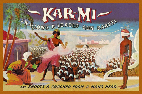 Magicians: Kar-Mi Swallows a Loaded Gun Barrel and Shoots a Cracker from a Mans Head White Modern Wood Framed Art Print with Double Matting by Hallworth, Joseph B.