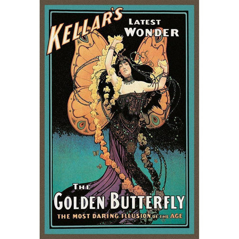 Magicians: Golden Butterfly: Kellars Latest Wonder Gold Ornate Wood Framed Art Print with Double Matting by Strobridge