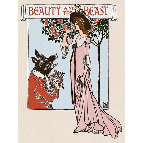 Beauty and the Beast Title Page Gold Ornate Wood Framed Art Print with Double Matting by Crane, Walter