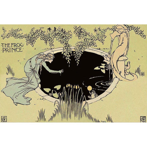 Frog Prince - The Fountain Gold Ornate Wood Framed Art Print with Double Matting by Crane, Walter