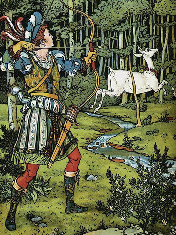 Hind in the Wood - The Archer Black Ornate Wood Framed Art Print with Double Matting by Crane, Walter