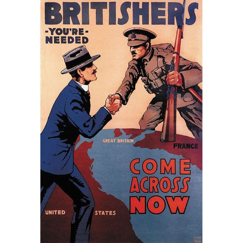 WWI: Britishers: Youre Needed: Come Across Now Black Modern Wood Framed Art Print with Double Matting by Myers, Lloyd