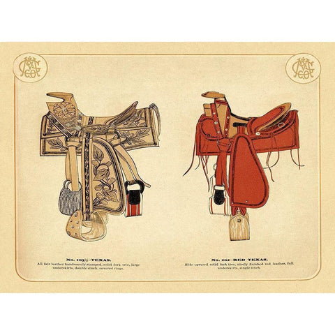 Saddles and Tack: Texas and Red Texas Saddles Gold Ornate Wood Framed Art Print with Double Matting by Unknown