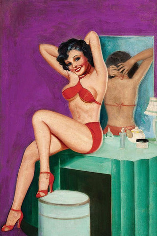 Mid-Century Pin-Ups - Bedtime Stories Black Ornate Wood Framed Art Print with Double Matting by Driben, Peter