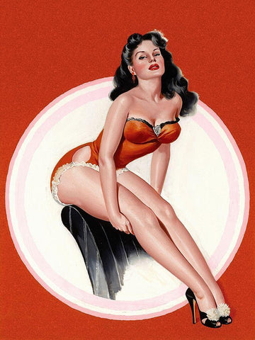 Mid-Century Pin-Ups - Eyeful Magazine - Brunette in a Red Bathing suit Black Ornate Wood Framed Art Print with Double Matting by Driben, Peter
