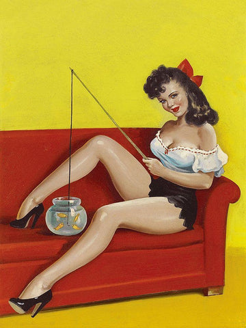 Mid-Century Pin-Ups - Joker Magazine - Fishin n funny White Modern Wood Framed Art Print with Double Matting by Driben, Peter
