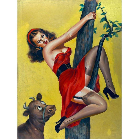 Mid-Century Pin-Ups - Moo - Up a tree White Modern Wood Framed Art Print by Driben, Peter