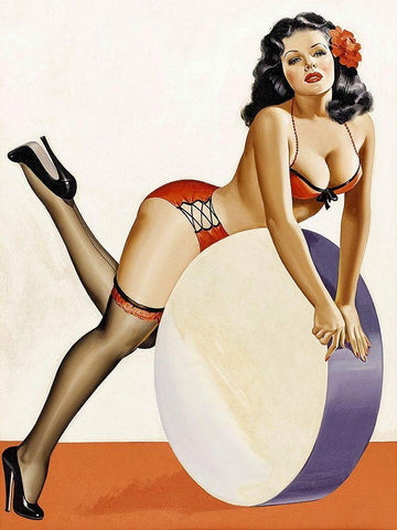 Mid-Century Pin-Ups - Over a drum White Modern Wood Framed Art Print with Double Matting by Driben, Peter