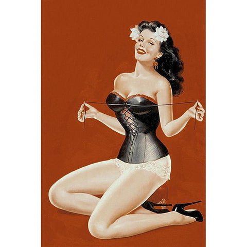 Mid-Century Pin-Ups - Lacing her bra Gold Ornate Wood Framed Art Print with Double Matting by Driben, Peter