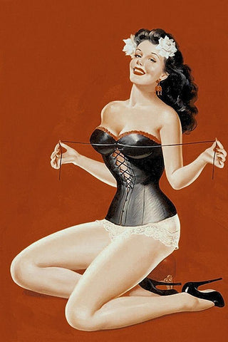 Mid-Century Pin-Ups - Lacing her bra White Modern Wood Framed Art Print with Double Matting by Driben, Peter