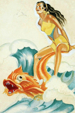 Mid-Century Pin-Ups - Whisper Magazine - Wave Rider Black Ornate Wood Framed Art Print with Double Matting by Driben, Peter