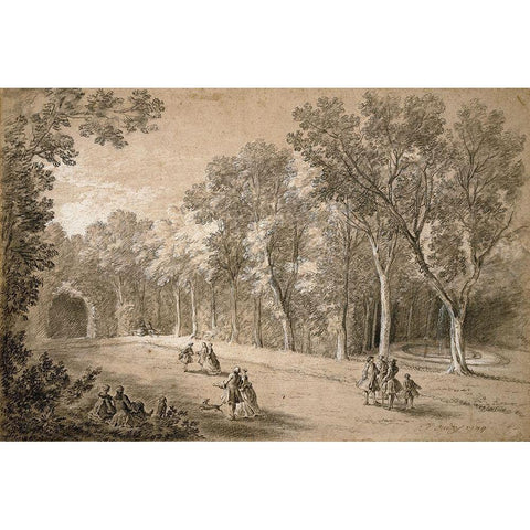 Park Scene Black Modern Wood Framed Art Print with Double Matting by Oudry, Jean-Baptiste