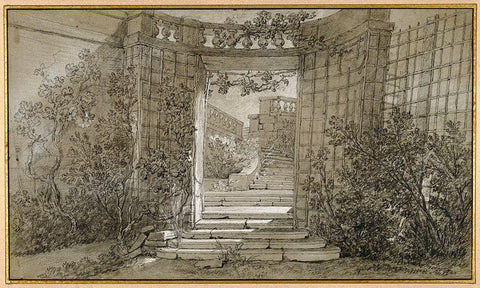 Landscape with a Staircase and a Balustrade, ca. 1744-47 Black Ornate Wood Framed Art Print with Double Matting by Oudry, Jean-Baptiste