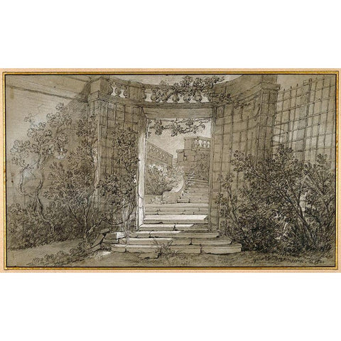 Landscape with a Staircase and a Balustrade, ca. 1744-47 Gold Ornate Wood Framed Art Print with Double Matting by Oudry, Jean-Baptiste
