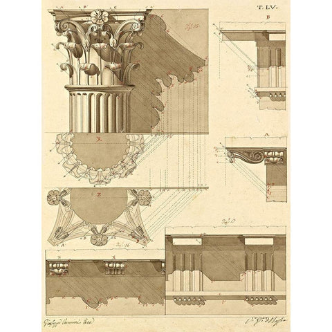 Plate 55 for Elements of Civil Architecture, ca. 1818-1850 Gold Ornate Wood Framed Art Print with Double Matting by Vannini, Giuseppe