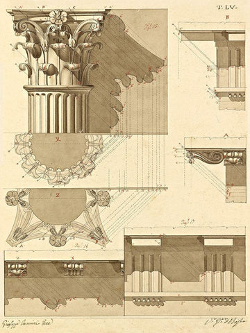 Plate 55 for Elements of Civil Architecture, ca. 1818-1850 White Modern Wood Framed Art Print with Double Matting by Vannini, Giuseppe