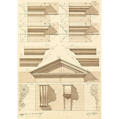 Plate 52 for Elements of Civil Architecture, ca. 1818-1850 Gold Ornate Wood Framed Art Print with Double Matting by Vannini, Giuseppe