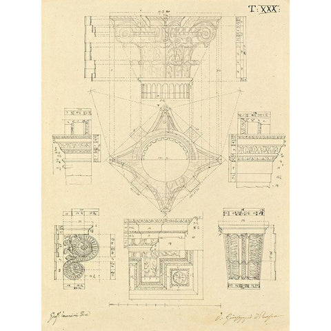 Plate 30 for Elements of Civil Architecture, ca. 1818-1850 Gold Ornate Wood Framed Art Print with Double Matting by Vannini, Giuseppe