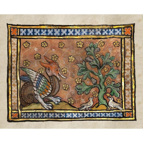 A Dragon Charging Two Doves (detail) Gold Ornate Wood Framed Art Print with Double Matting by Franco-Flemish 13th Century