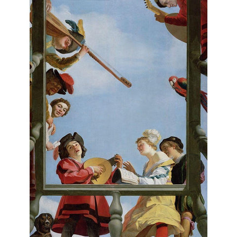 Musical Group on a Balcony White Modern Wood Framed Art Print by van Honthorst, Gerrit