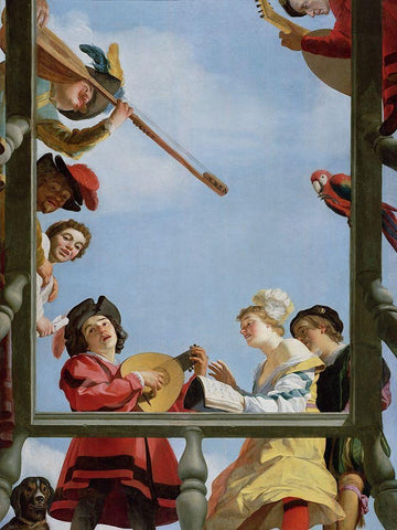 Musical Group on a Balcony White Modern Wood Framed Art Print with Double Matting by van Honthorst, Gerrit