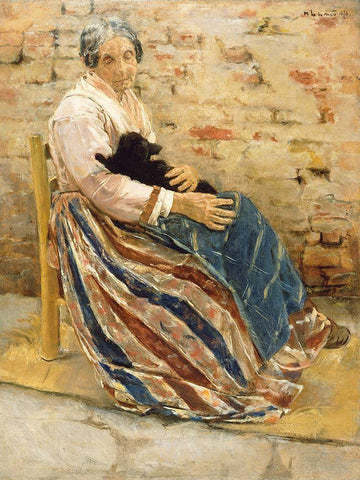 An Old Woman with Cat Black Ornate Wood Framed Art Print with Double Matting by Liebermann, Max