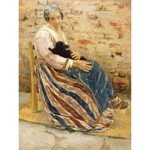 An Old Woman with Cat Gold Ornate Wood Framed Art Print with Double Matting by Liebermann, Max