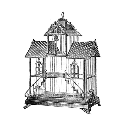 Etchings: Birdcage - Victorian house with steps. Black Modern Wood Framed Art Print by Catalog Illustration