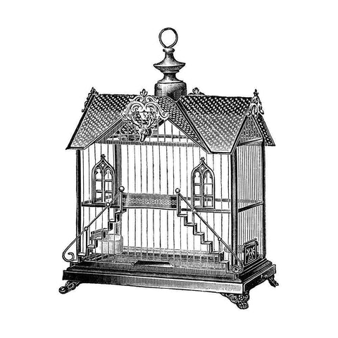 Etchings: Birdcage - Victorian house with steps. Black Modern Wood Framed Art Print by Catalog Illustration