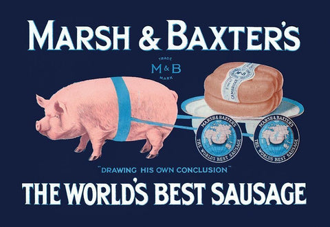 Pigs and Pork: Marsh and Baxters Worlds Best Sausage White Modern Wood Framed Art Print with Double Matting by Advertisement