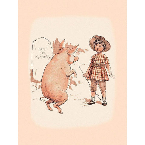 Pigs and Pork: Pig on Hind Legs and Little Girl White Modern Wood Framed Art Print by Advertisement