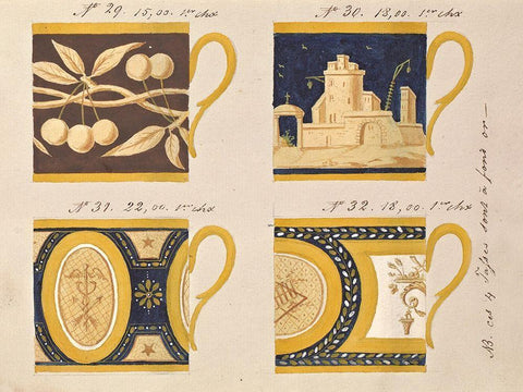 Quatre tasses a fond or, ca. 1800-1820 Black Ornate Wood Framed Art Print with Double Matting by Honore