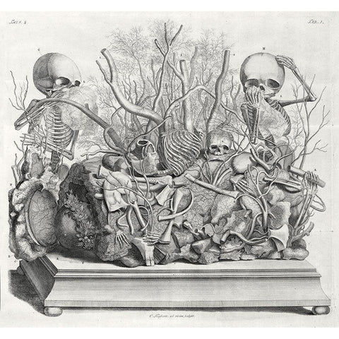 Diorama of fetal skeletons arranged with various internal organs White Modern Wood Framed Art Print by Huyberts, Cornelis