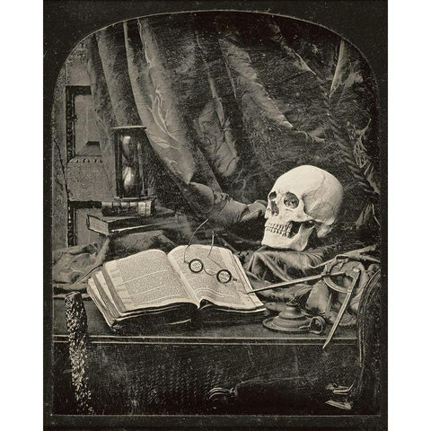 Still Life with Skull, Open Book with Glasses, and Hourglass Black Modern Wood Framed Art Print with Double Matting by Williams, Thomas Richard