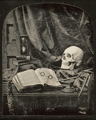 Still Life with Skull, Open Book with Glasses, and Hourglass White Modern Wood Framed Art Print with Double Matting by Williams, Thomas Richard