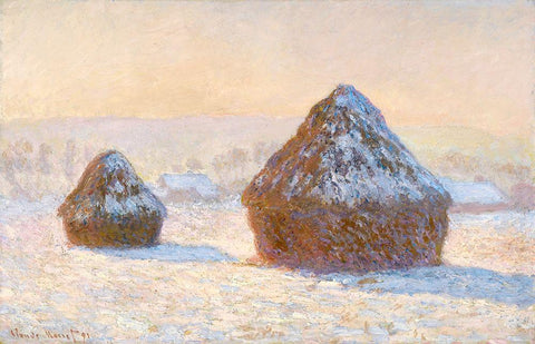 Wheatstacks, Snow Effect, Morning (Meules, Effet de Neige, Le Matin) Black Ornate Wood Framed Art Print with Double Matting by Monet, Claude