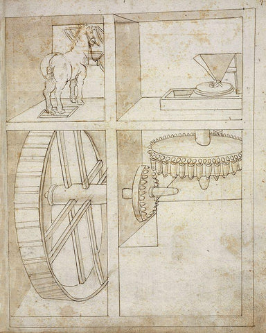 Folio 43: mill powered by horse Black Ornate Wood Framed Art Print with Double Matting by Martini, Francesco di Giorgio