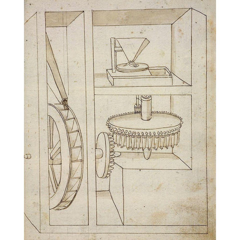 Folio 40: mill with overshot water wheel Gold Ornate Wood Framed Art Print with Double Matting by Martini, Francesco di Giorgio