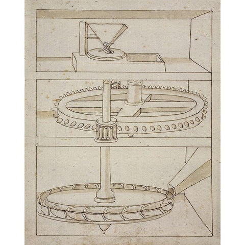 Folio 39: mill with horizontal water wheel Black Modern Wood Framed Art Print by Martini, Francesco di Giorgio