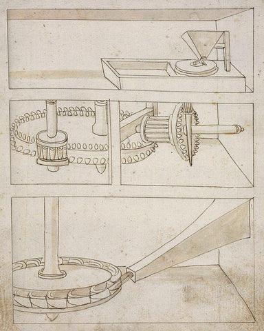 Mill with horizontal water wheel Black Ornate Wood Framed Art Print with Double Matting by Martini, Francesco di Giorgio