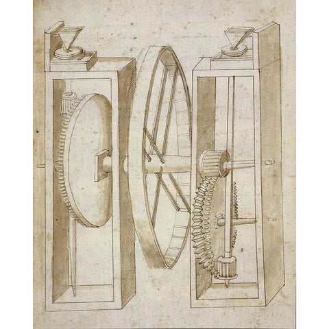 Two mills with wheel between Gold Ornate Wood Framed Art Print with Double Matting by Martini, Francesco di Giorgio