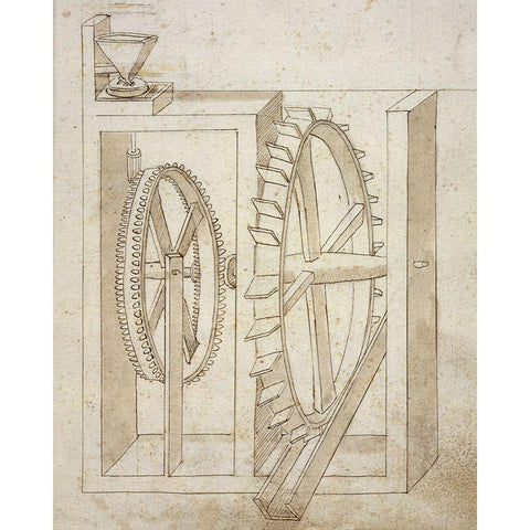 Folio 14: mill with undershot water wheel Gold Ornate Wood Framed Art Print with Double Matting by Martini, Francesco di Giorgio