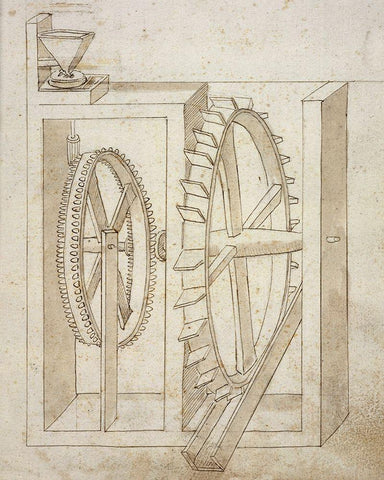 Folio 14: mill with undershot water wheel White Modern Wood Framed Art Print with Double Matting by Martini, Francesco di Giorgio