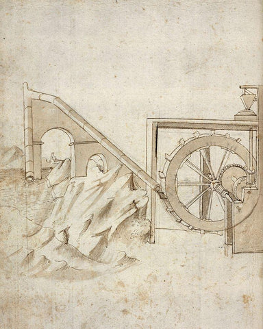 Folio 13: mill powered by water from siphon White Modern Wood Framed Art Print with Double Matting by Martini, Francesco di Giorgio
