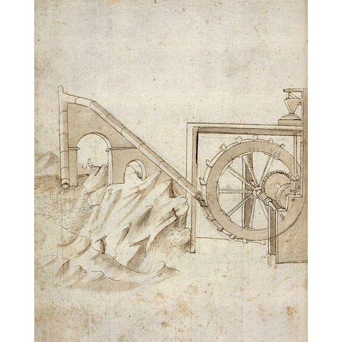Folio 13: mill powered by water from siphon Black Modern Wood Framed Art Print by Martini, Francesco di Giorgio