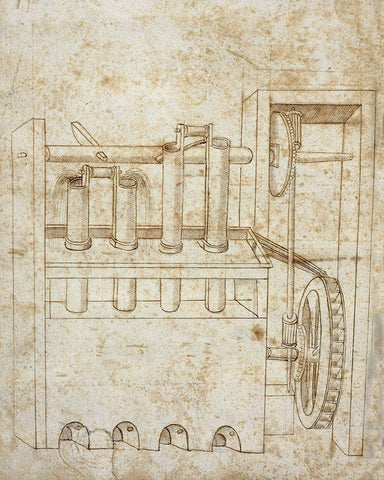 Folio 10: piston pumps and water wheel White Modern Wood Framed Art Print with Double Matting by Martini, Francesco di Giorgio