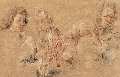 Two Studies of a Flutist and a Study of the Head of a Boy White Modern Wood Framed Art Print with Double Matting by Watteau, Jean-Antoine