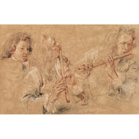 Two Studies of a Flutist and a Study of the Head of a Boy Black Modern Wood Framed Art Print by Watteau, Jean-Antoine