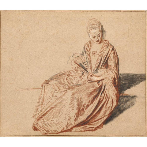 Seated Woman with a Fan Gold Ornate Wood Framed Art Print with Double Matting by Watteau, Jean-Antoine